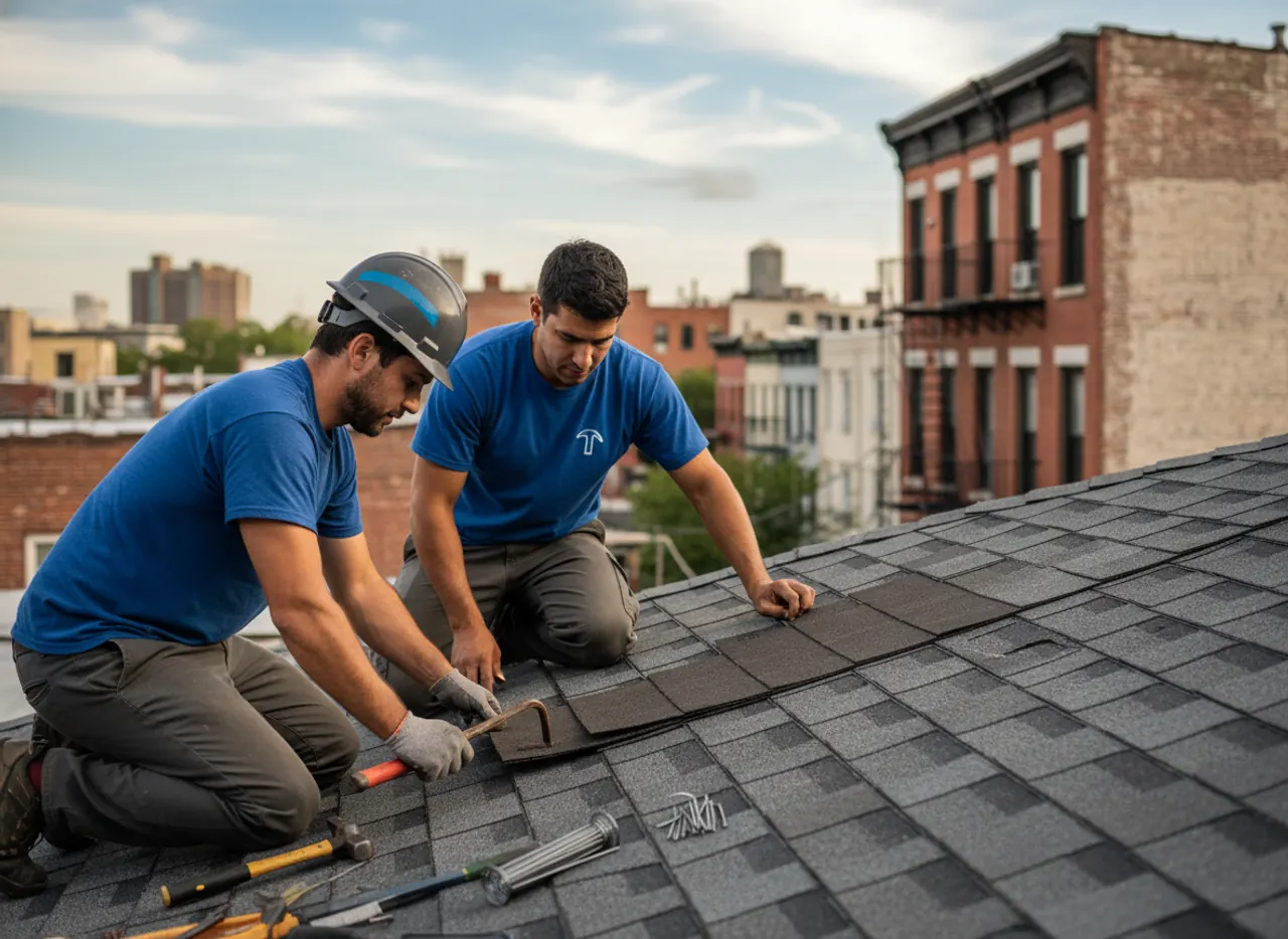 A close-up of a repaired section of a shingle roof in a Williamsburg neighborhood.
