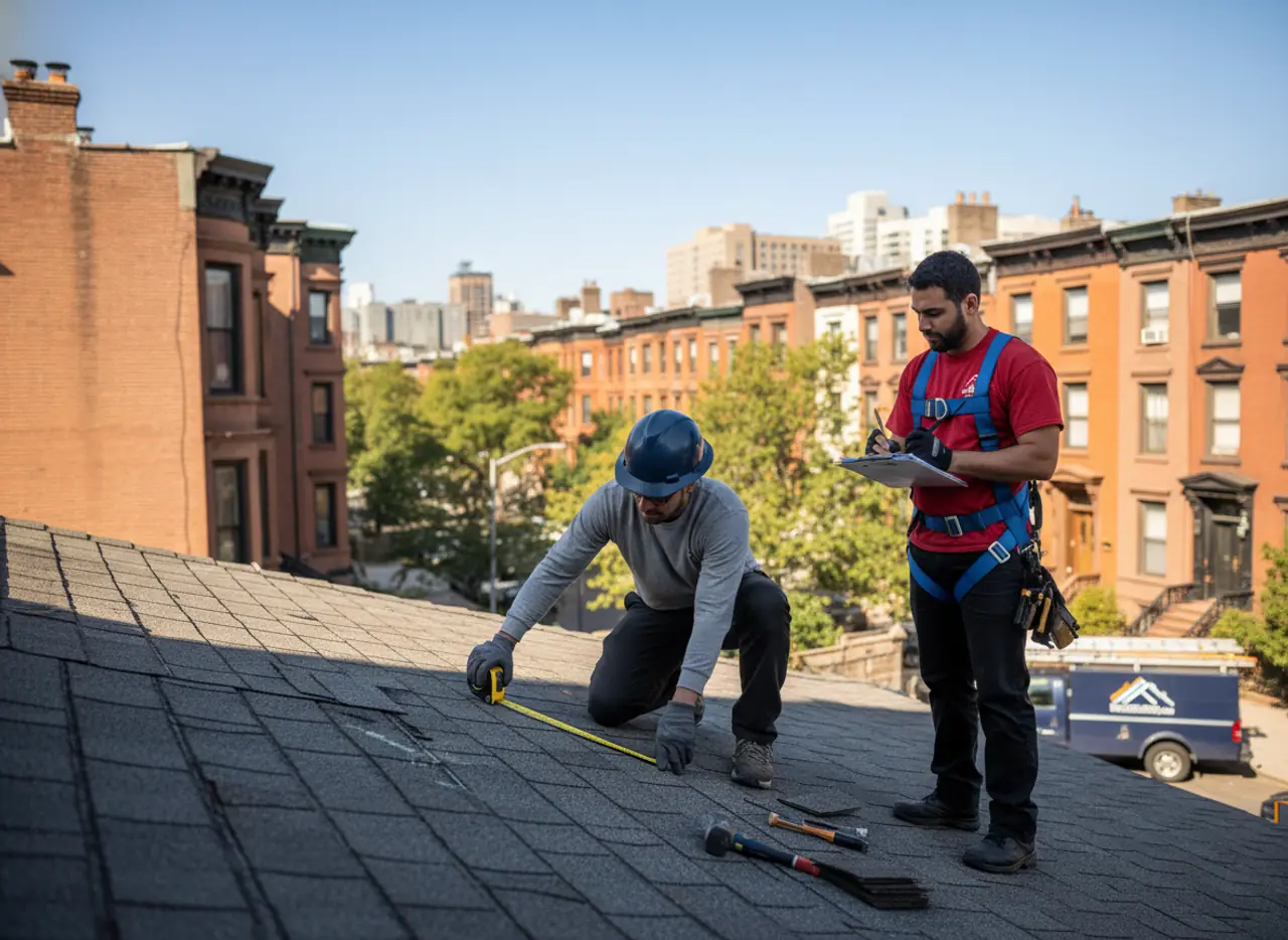 Roofers inspecting a brownstone roof in Bedford-Stuyvesant, preparing for a complete roof...