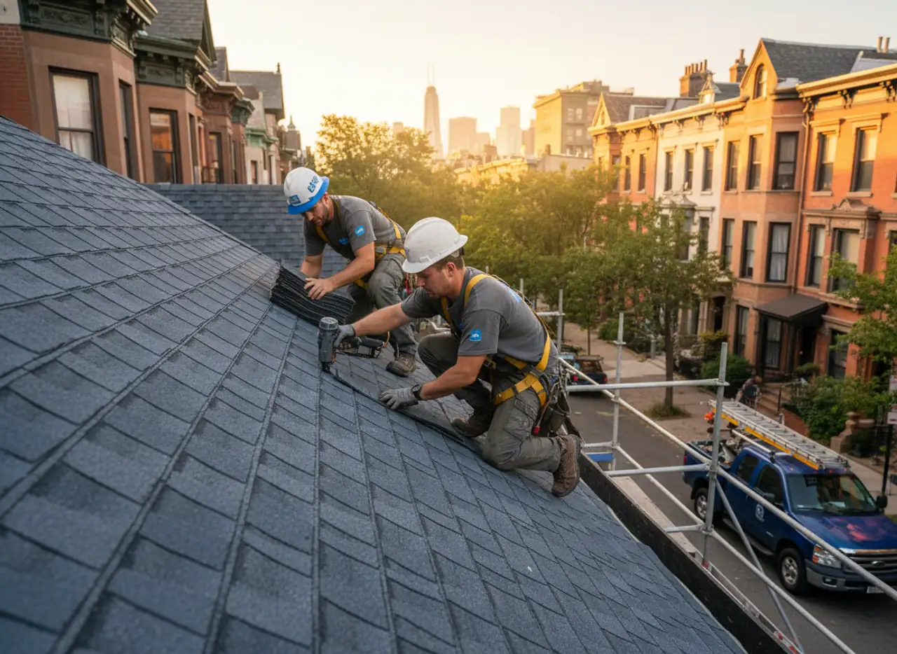 Roofing contractors installing new shingles on a residential roof in Brooklyn.