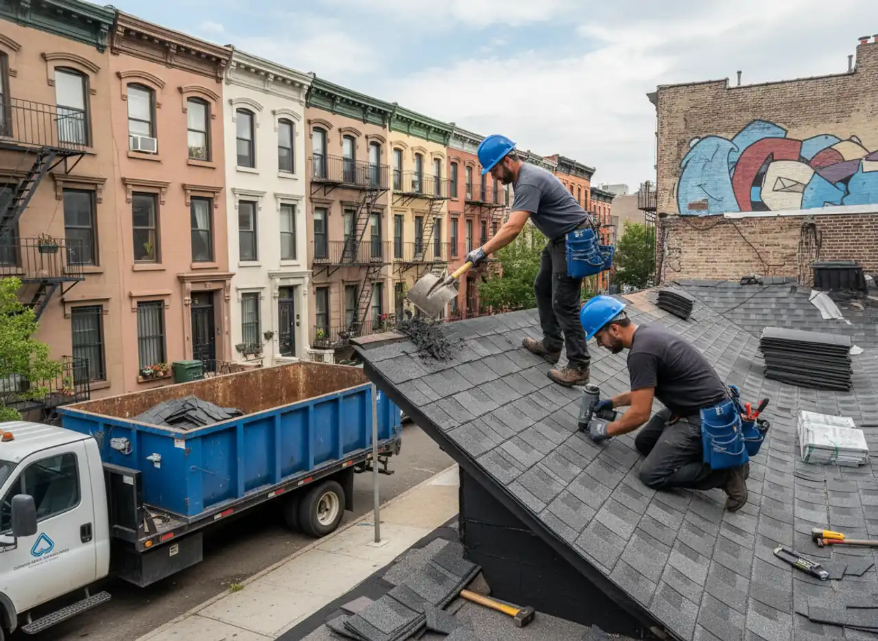 Roofing crew performing a roof replacement on a residential building in Bushwick.