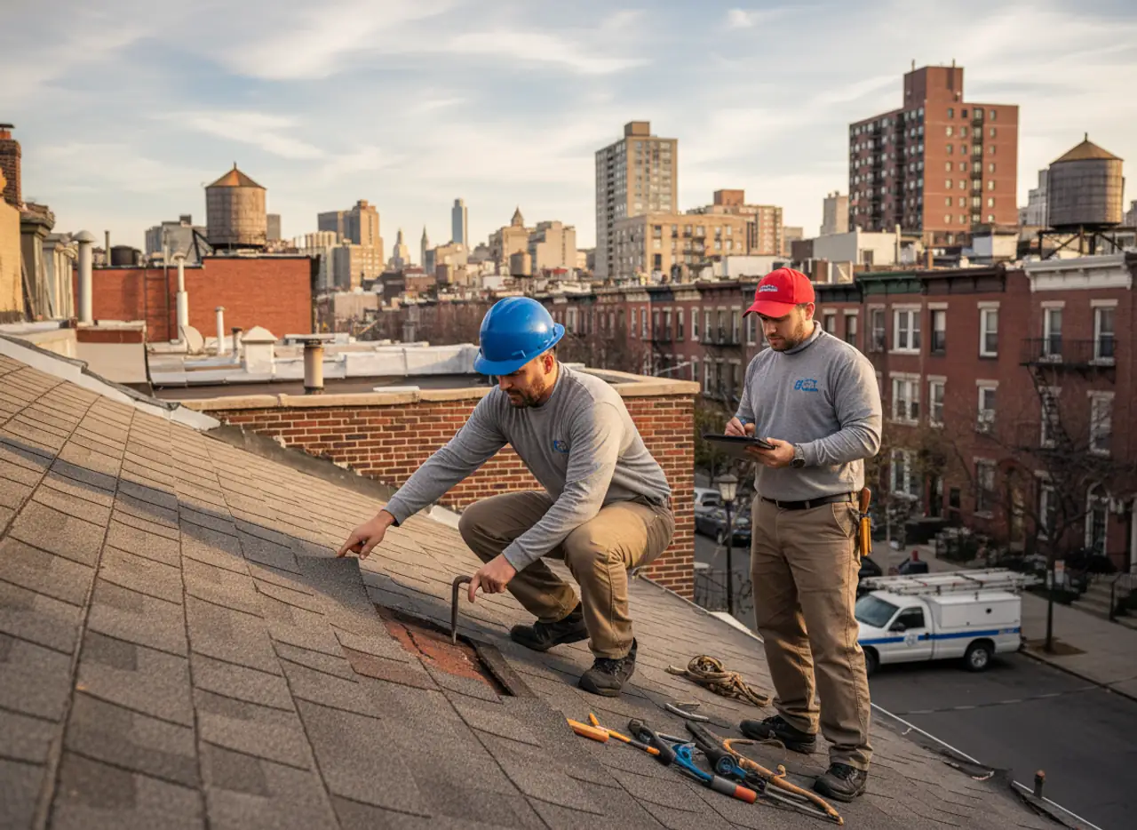 Roofing professionals inspecting a shingle roof on a traditional East Williamsburg brownstone.