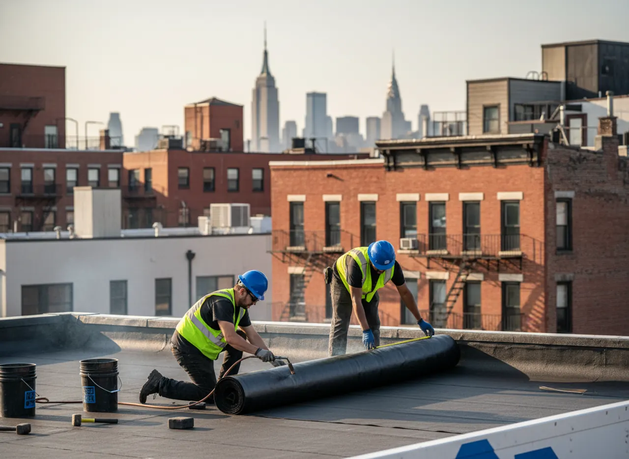 A newly installed flat roof on a commercial building in Greenpoint, Brooklyn.