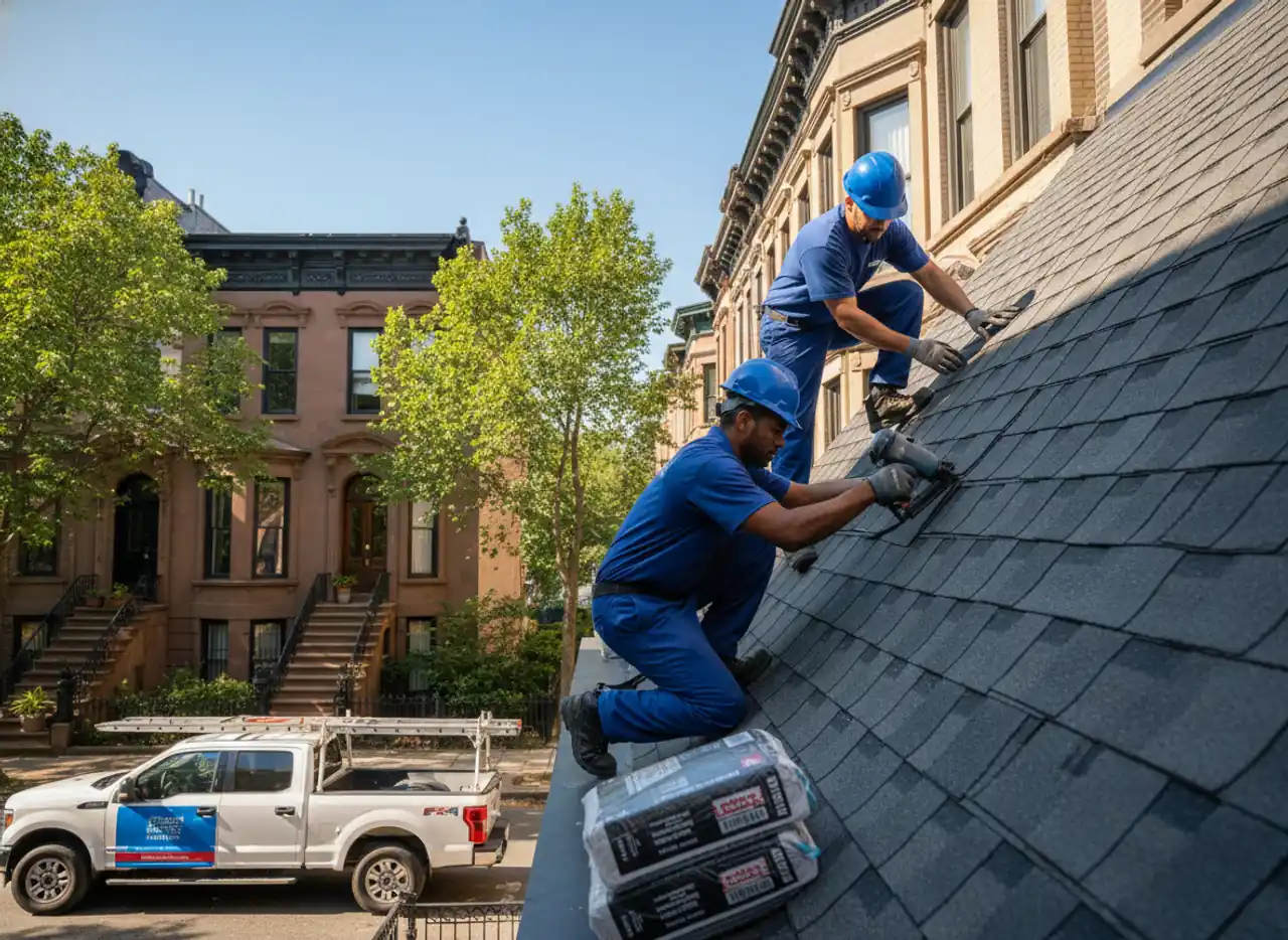 Roofing crew installing asphalt shingles on a residential property in Bedford-Stuyvesant, Brooklyn.