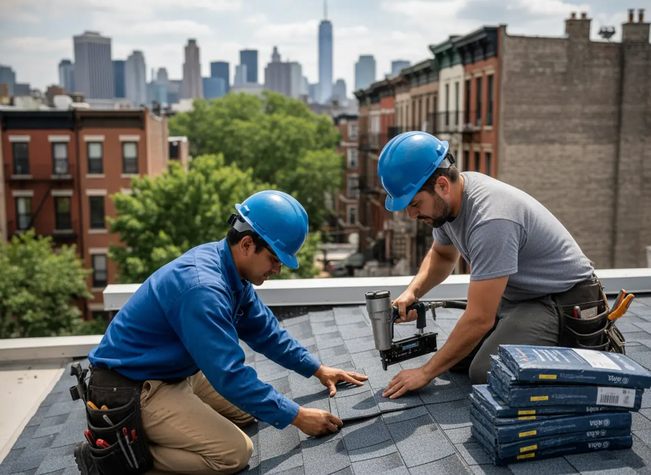 A close-up view of new asphalt shingles being installed on a roof, showcasing quality workmanship.