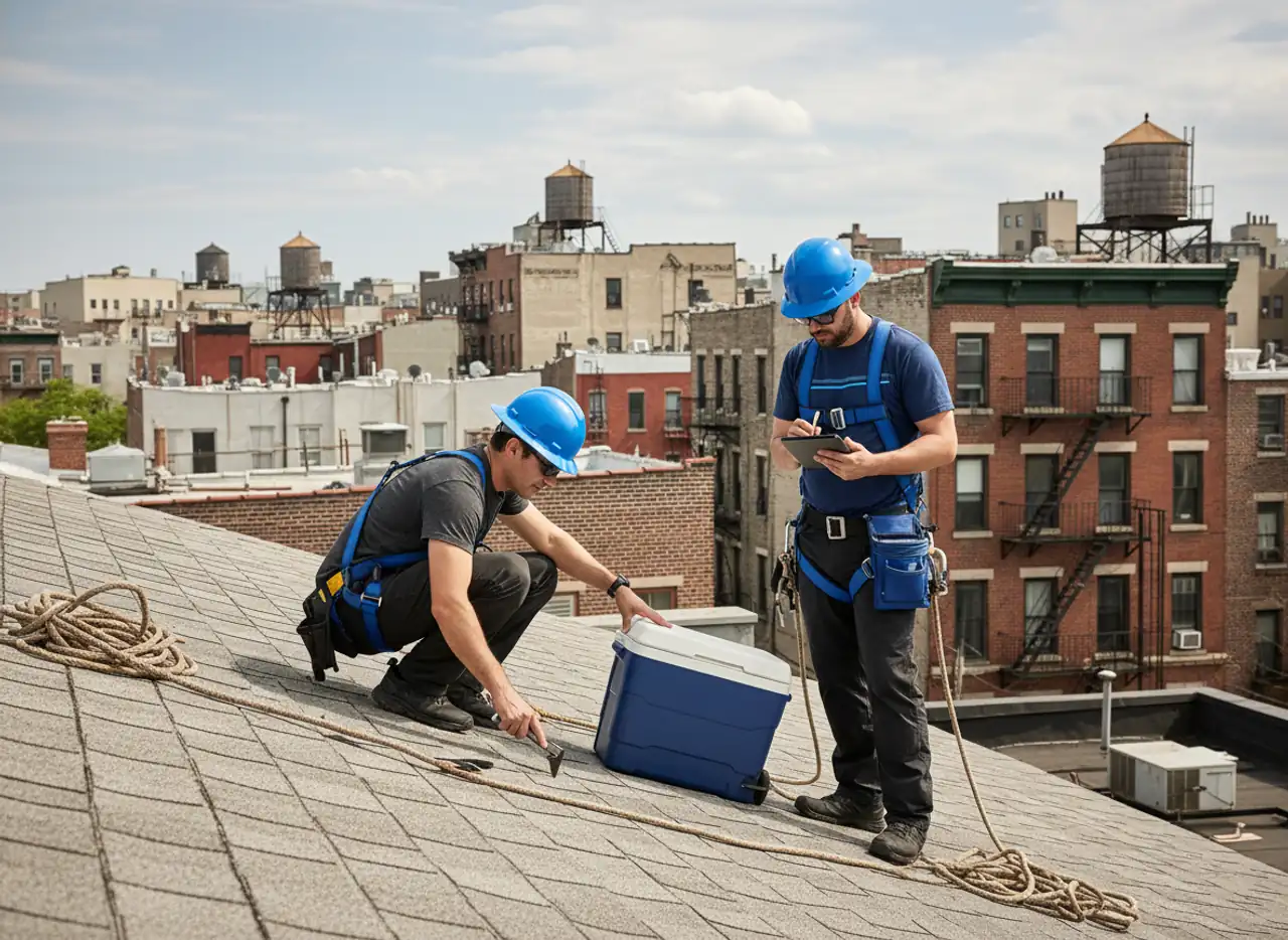 Roofing professionals inspecting a shingle roof in Bushwick, Brooklyn