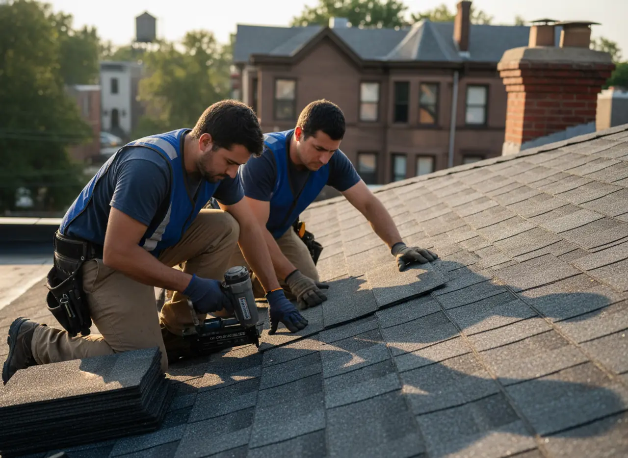 TipTop Roofing crew thoroughly installing asphalt shingles on a residential roof in Greenpoint...
