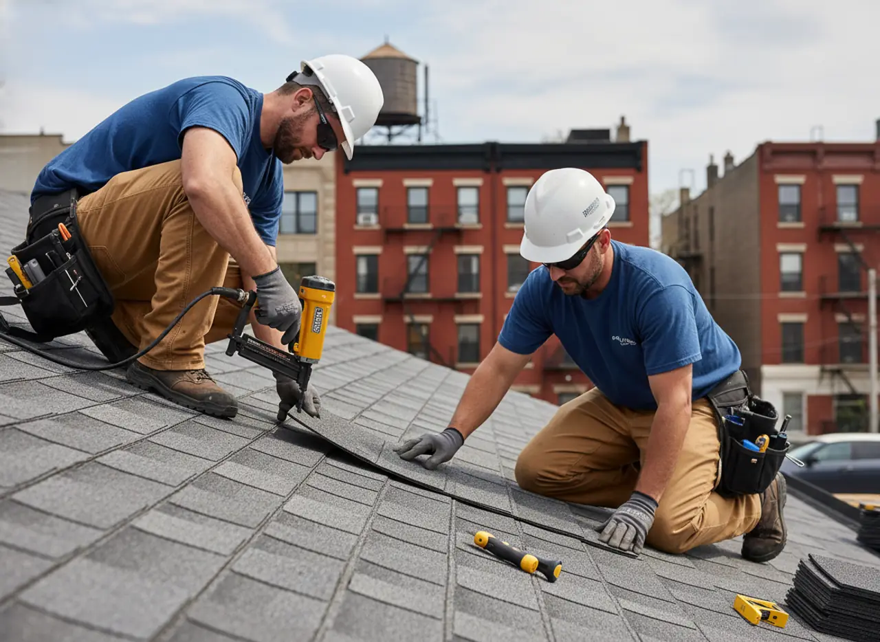 Close-up of new, high-quality asphalt shingles being installed on a roof, demonstrating craftsmanship.