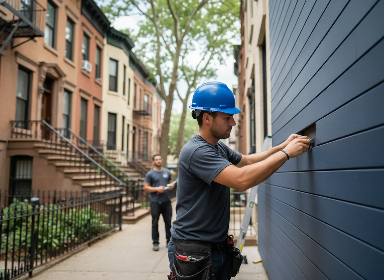 Close-up of a contractor installing fiber cement siding on a residential property in Bedford-Stuyvesant.
