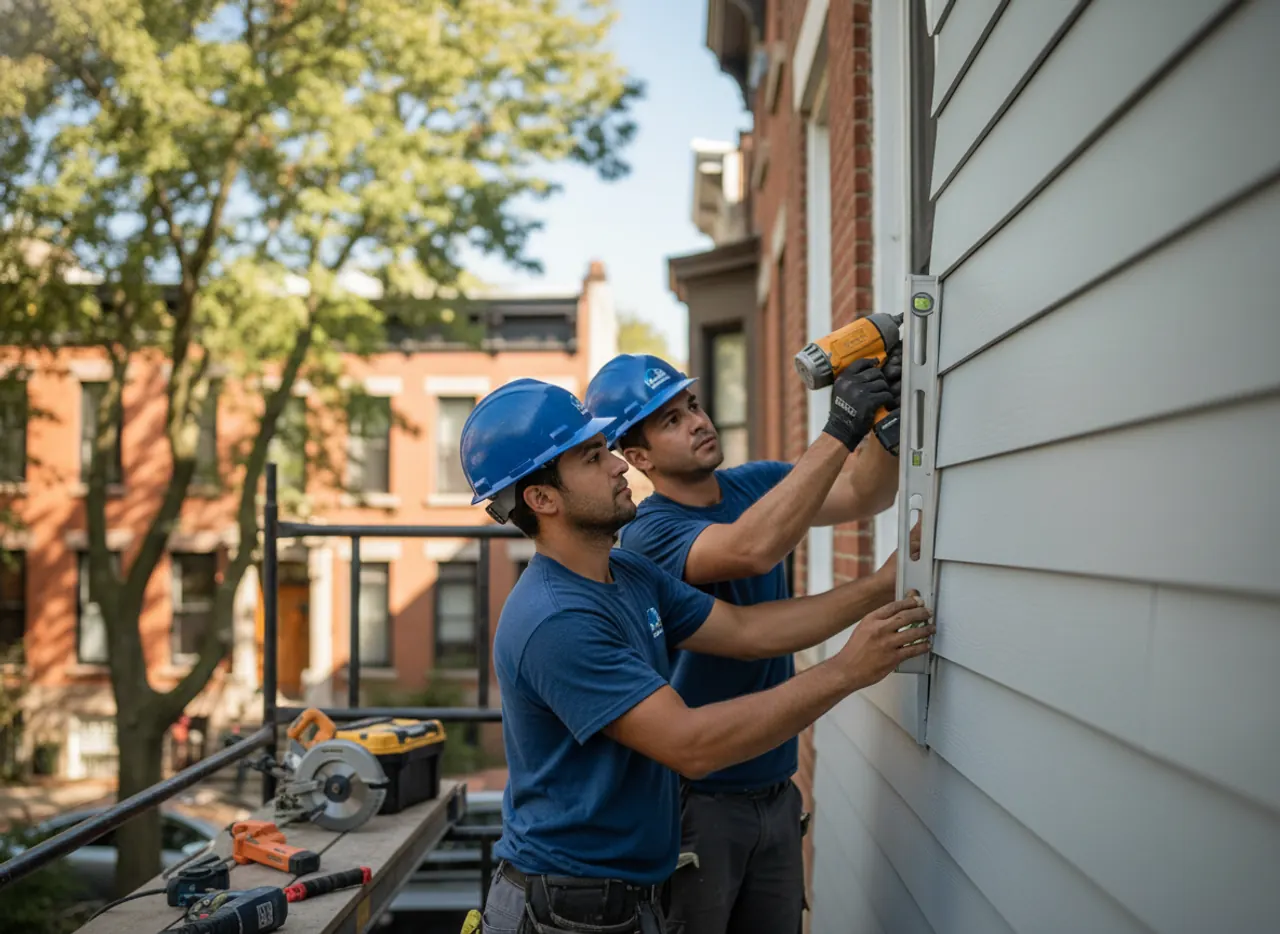 Close-up of new fiber cement siding installed on a residential building in a tree-lined Brooklyn...