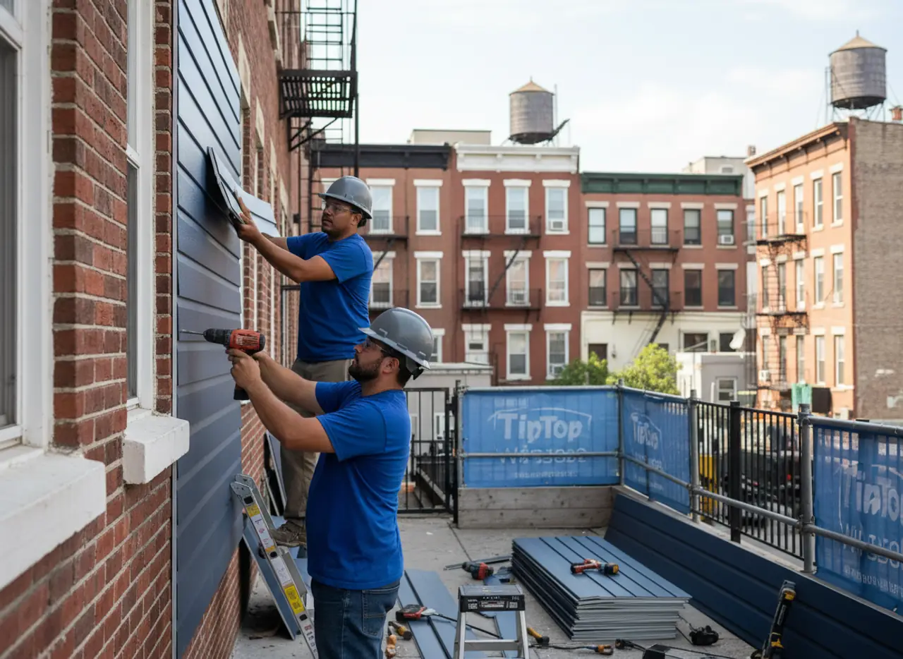 TipTop Roofing Williamsburg crew member thoroughly installing siding panels on a residential...