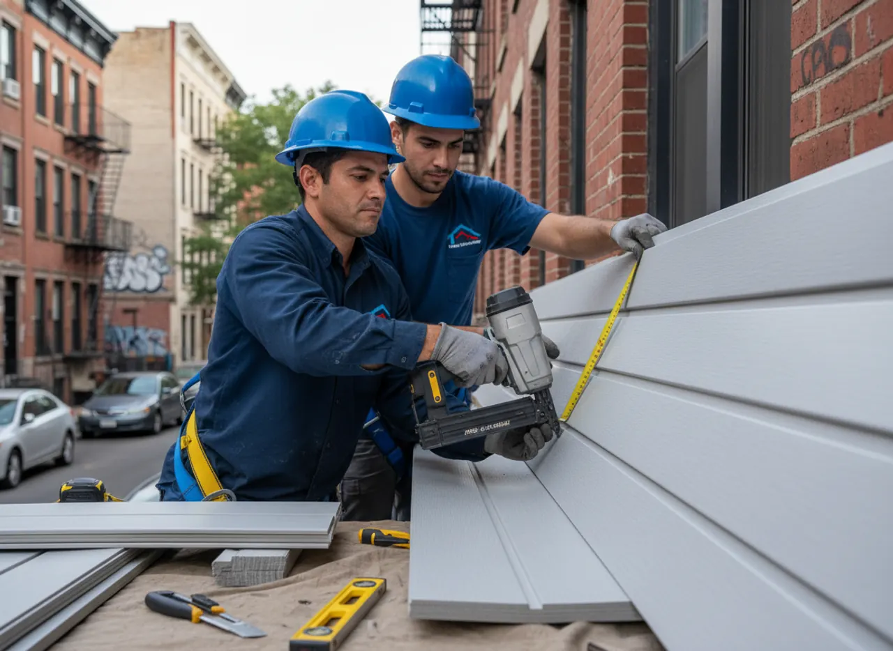 Close-up of durable vinyl siding being installed on a residential building in Brooklyn.