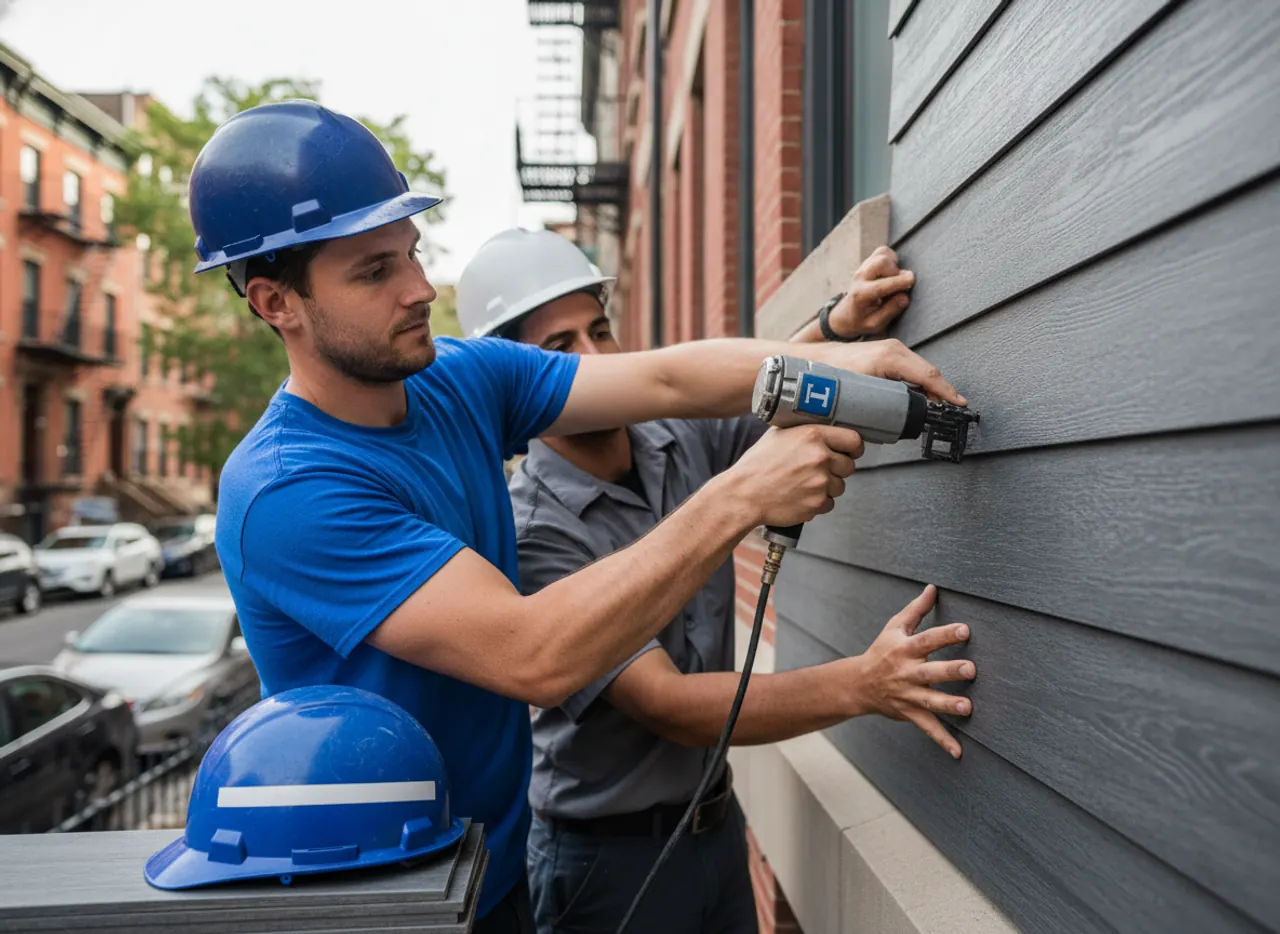 Close-up of new dark grey fiber cement siding panels on a Greenpoint brownstone, showing texture...