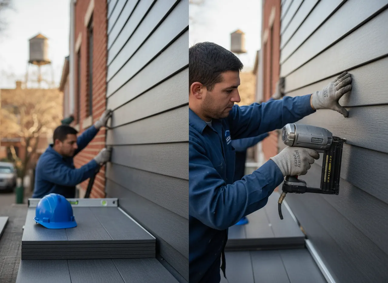 Modern Williamsburg home with newly installed dark gray siding, showing enhanced curb appeal and...