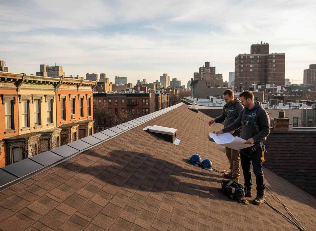 Team of roofers working on an attic venting project, demonstrating safety and professionalism
