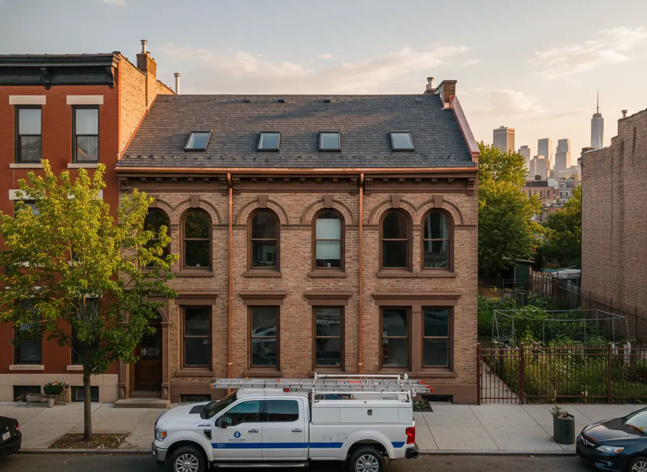 A TipTop Roofing Williamsburg truck at a Bushwick home, with our team performing attic venting work on the roof.