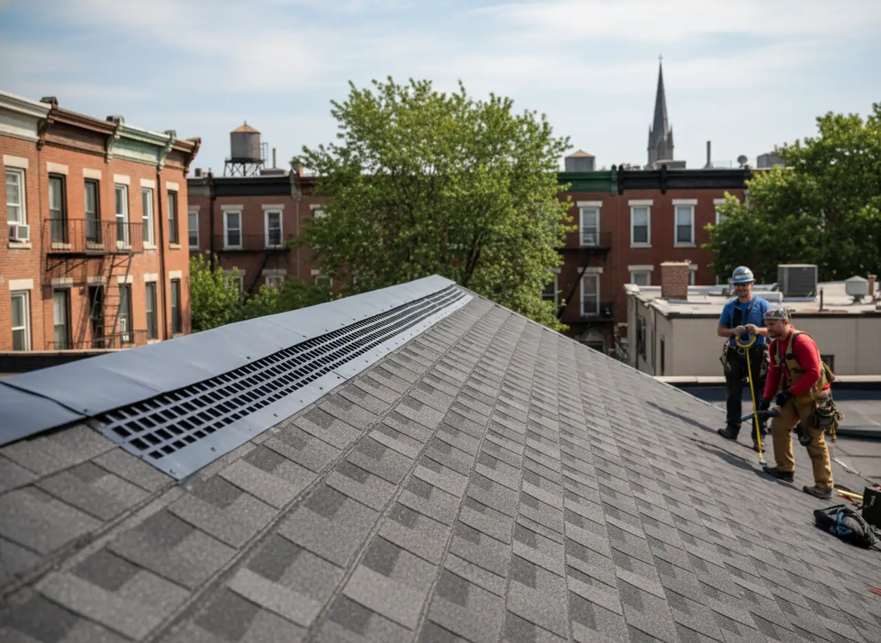 Close-up of a newly installed attic ridge vent system on a shingle roof, ensuring proper ventilation.