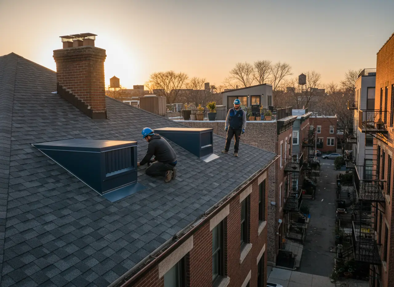 Roofing crew installing new vents on a residential property in Greenpoint, Brooklyn.
