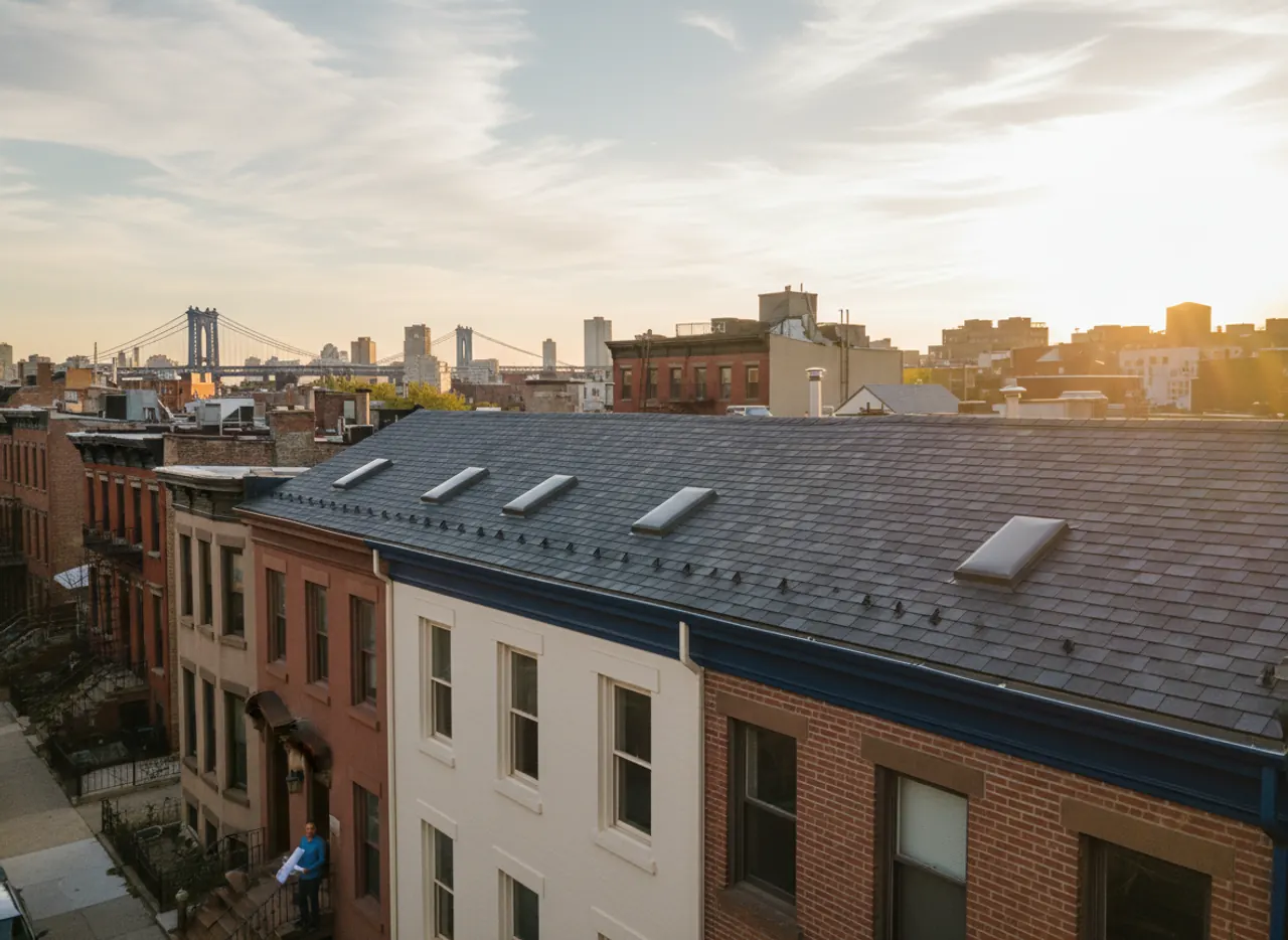 TipTop Roofing crew installing ridge vents on a residential roof in Williamsburg, Brooklyn skyline visible.