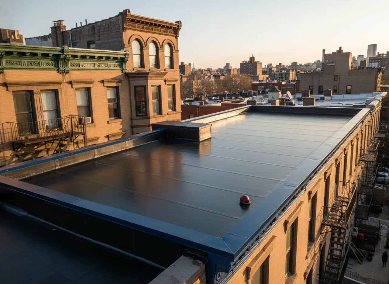 Before and after of a flat roof repair project by TipTop Roofing in Bedford-Stuyvesant, showing...