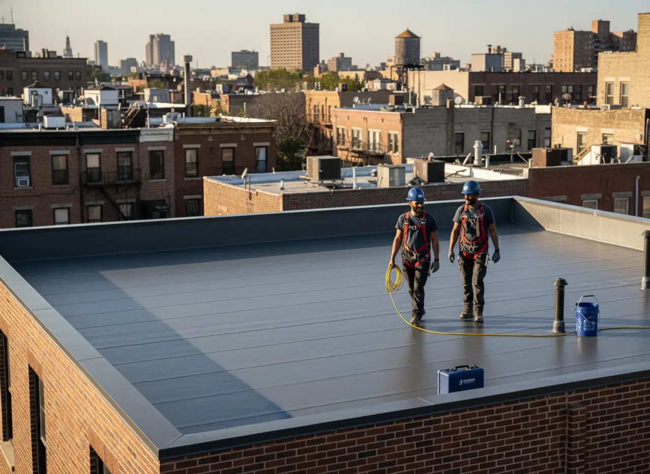 A newly installed, smooth flat roof with a clean finish on a multi-story building in Brooklyn.