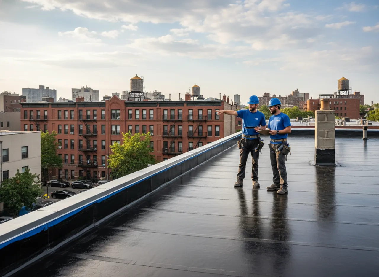 TipTop Roofing Williamsburg crew completing a flat roof repair project on a commercial building...