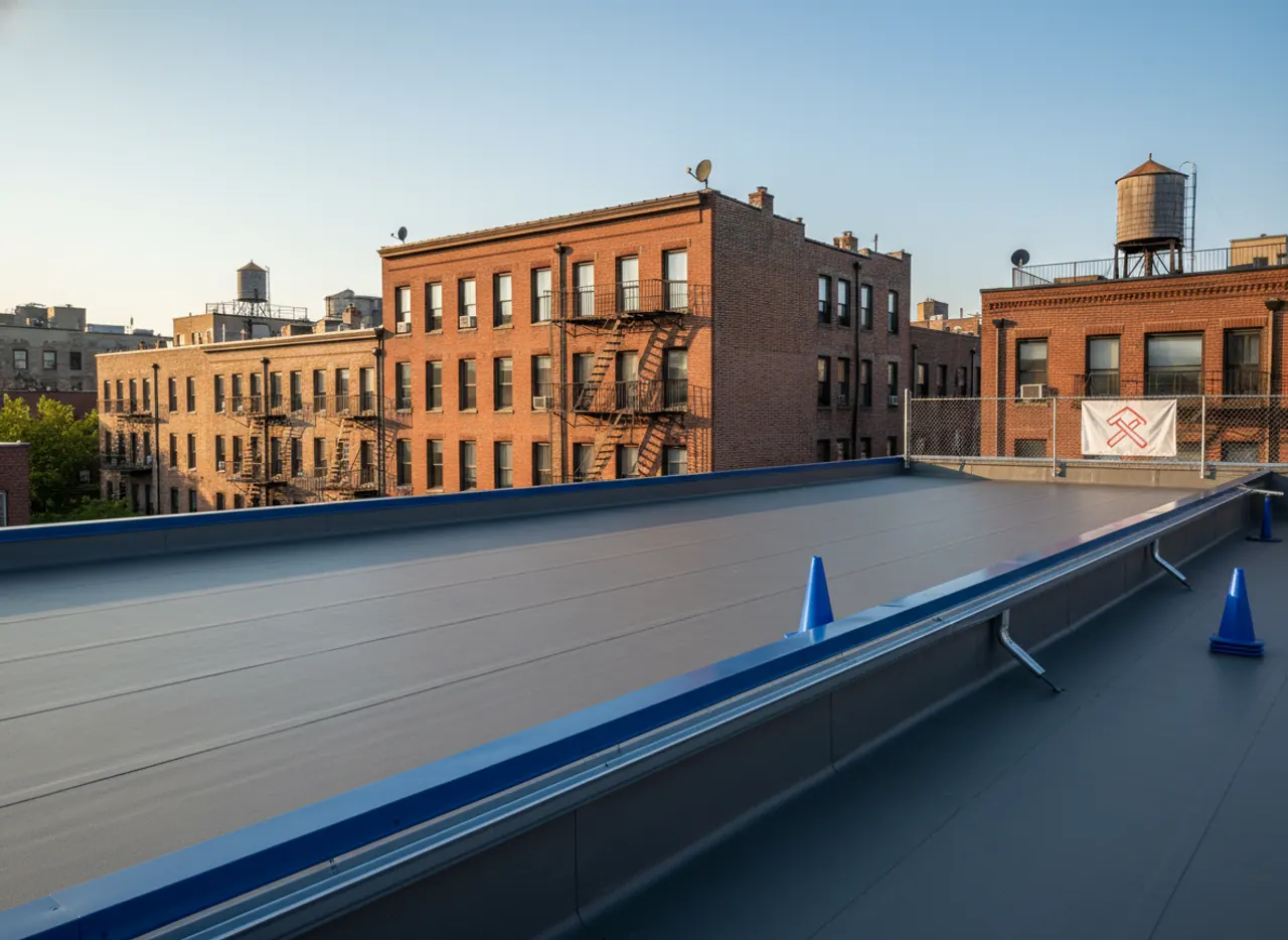 Before and after comparison of a flat roof repair project completed by TipTop Roofing...