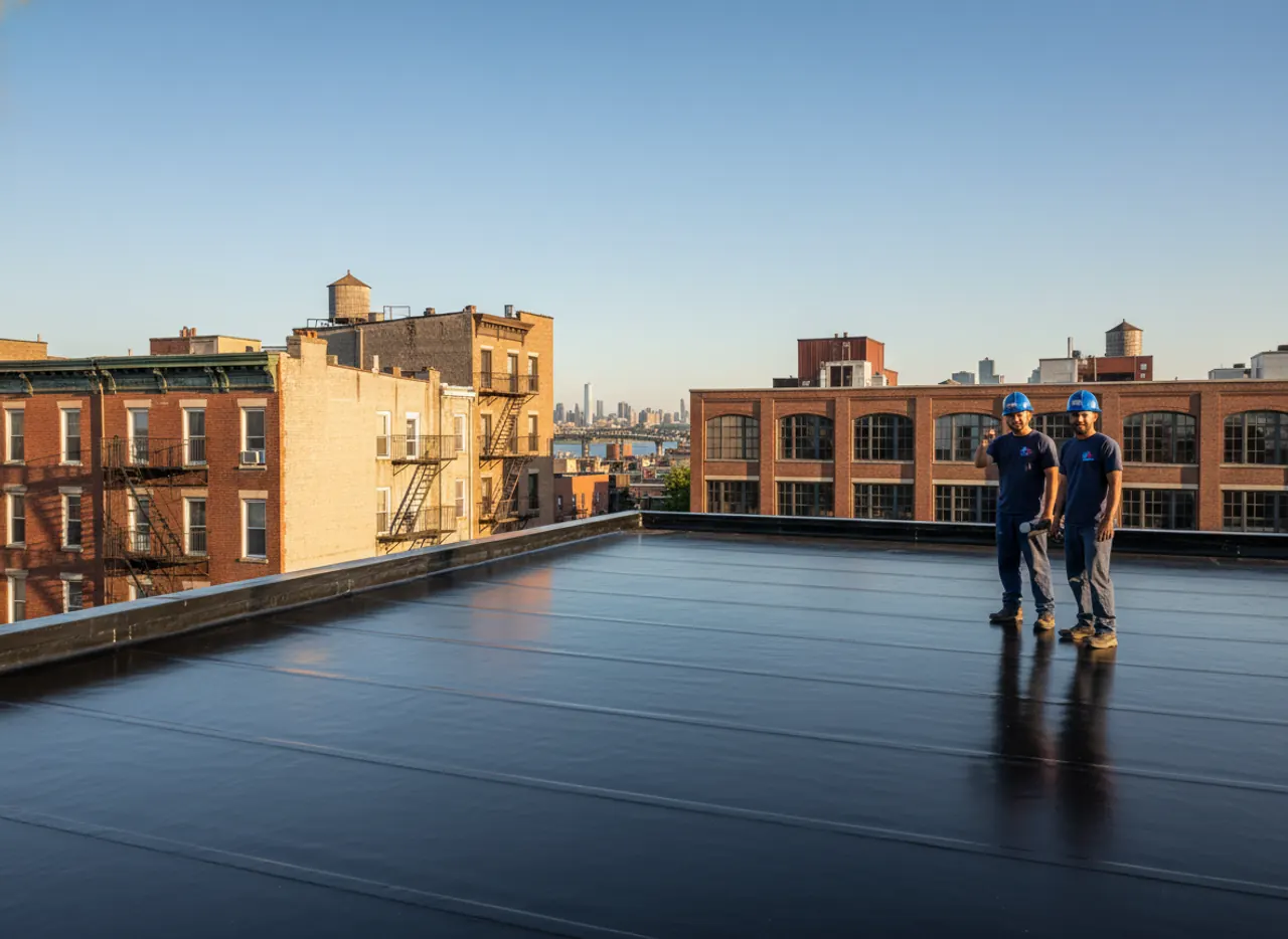 Team of roofers applying EPDM roofing material on a low-slope roof in Greenpoint with precision...