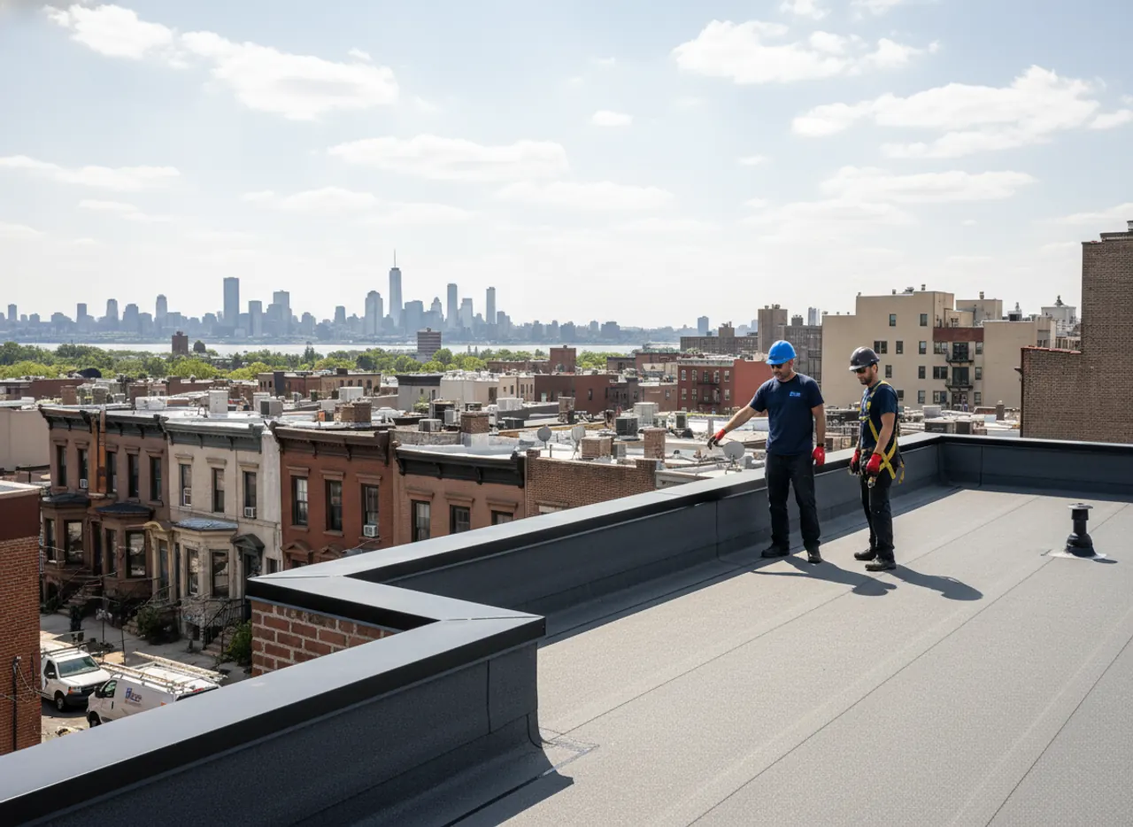 Finished flat roof on a Williamsburg home, with clean edges and durable surface after a TipTop Roofing project.