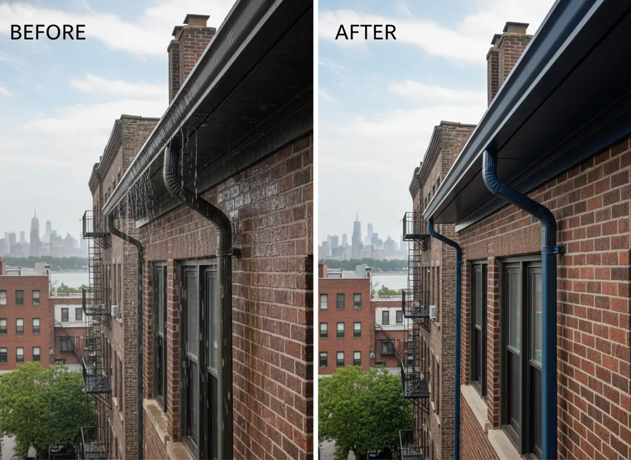 Before and after comparison of a repaired gutter system on a Greenpoint residential building...