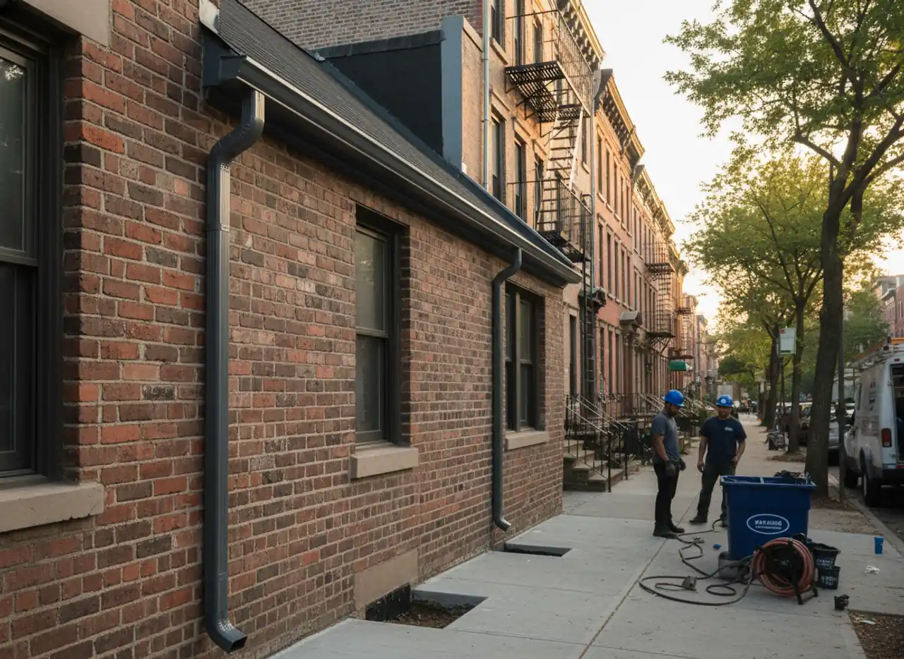 A completed residential gutter installation in Williamsburg, showing sleek, functional downspouts on a brick...