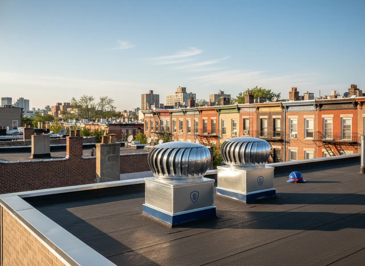TipTop Roofing crew installing a roof ventilation system on a Brooklyn home