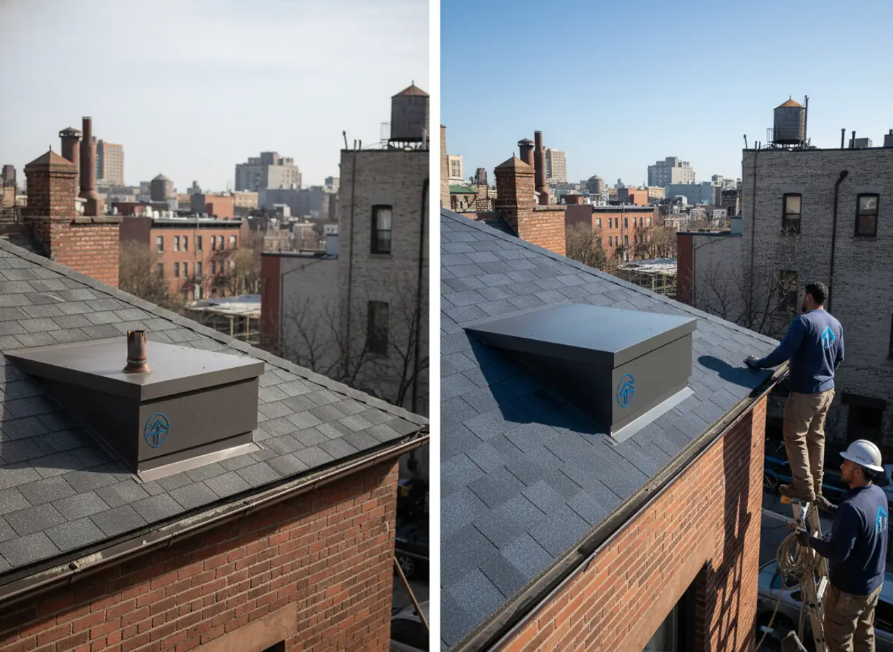 Before and after comparison of a Brooklyn residential roof, showing improved ventilation vents...