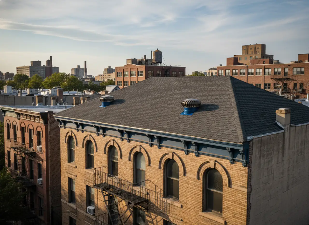 Finished roof showing new attic vents and healthy roof structure on a home in Bushwick