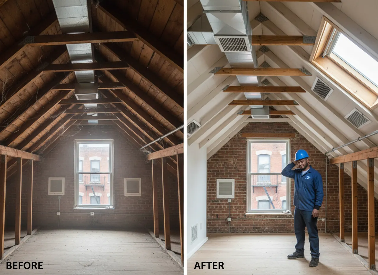Before and after view of a loft space showing improved air circulation and cleanliness after a ventilation upgrade.