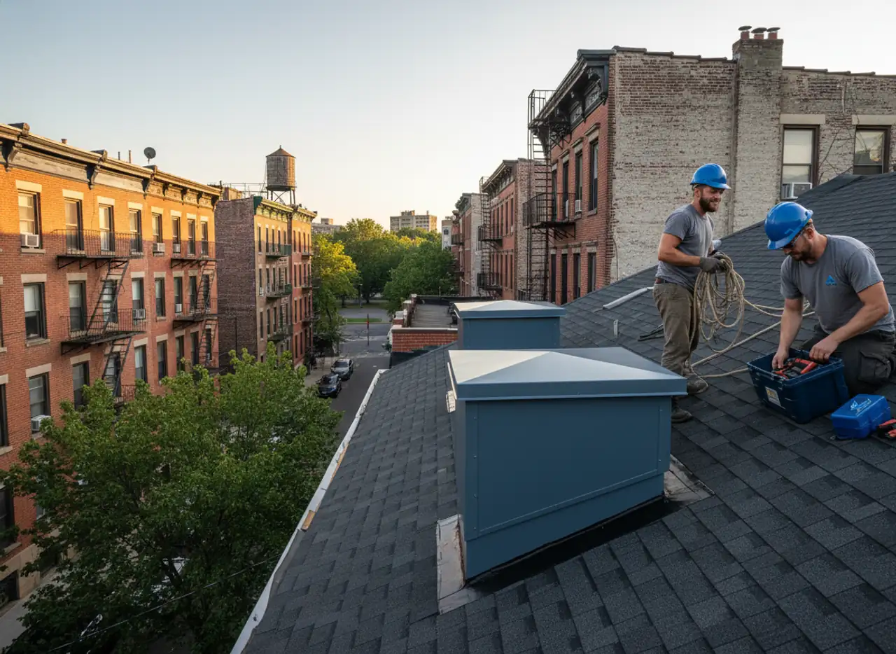 TipTop Roofing crew performing loft ventilation installation on a residential roof in Greenpoint