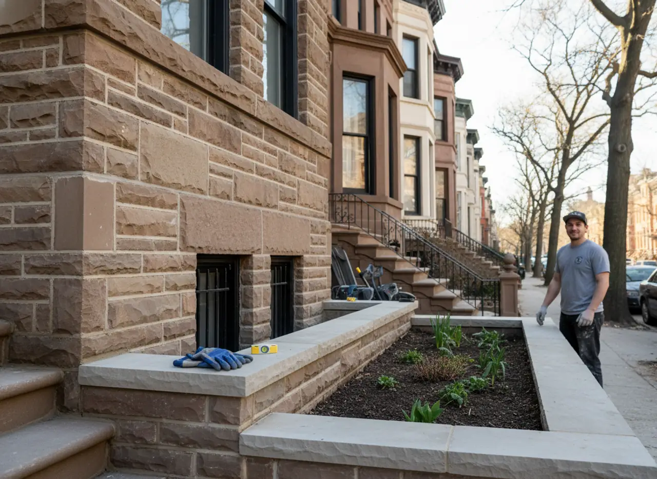 Before and after photo of a restored stone wall on a property in a Brooklyn neighborhood