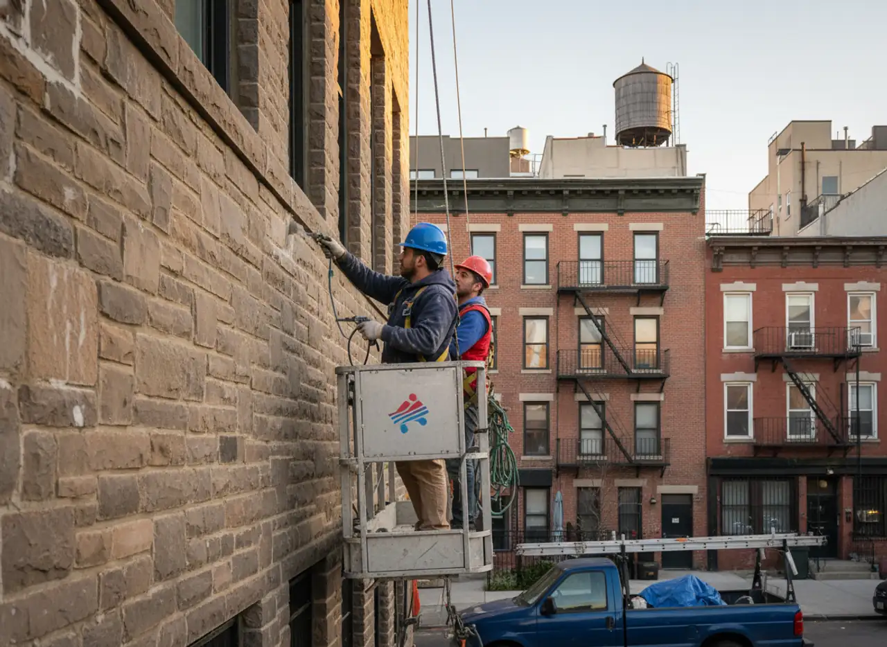 TipTop Roofing Williamsburg team finishing tuckpointing on a Bushwick commercial building stone facade.