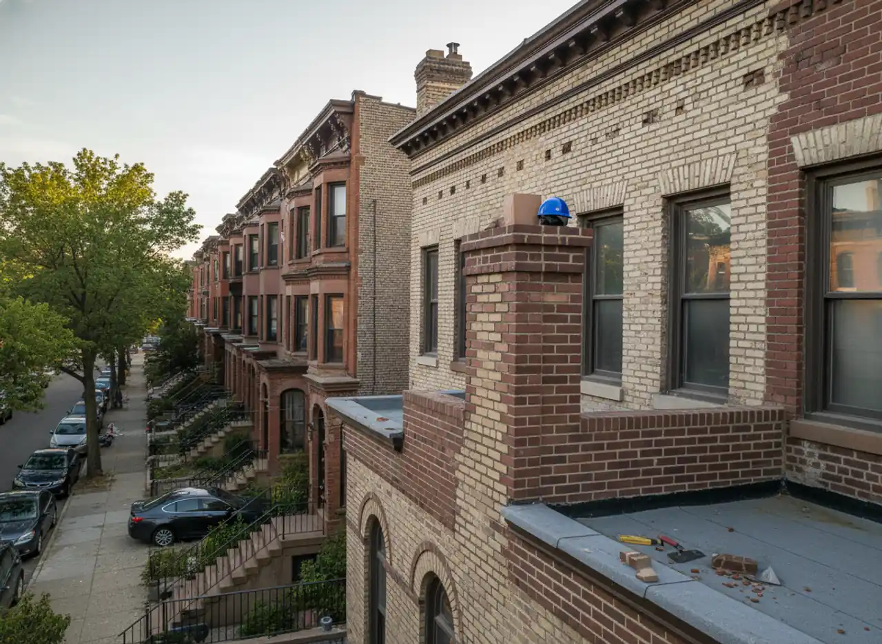 Completed masonry work on a residential property in East Williamsburg, showing new chimney and brick repairs.