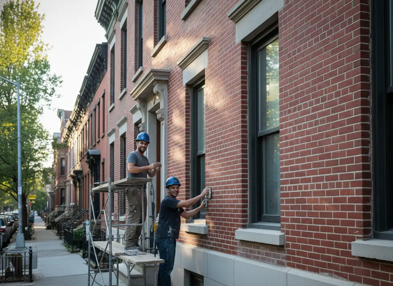 A newly restored brick facade of a historic building in Brooklyn, showcasing detailed masonry...