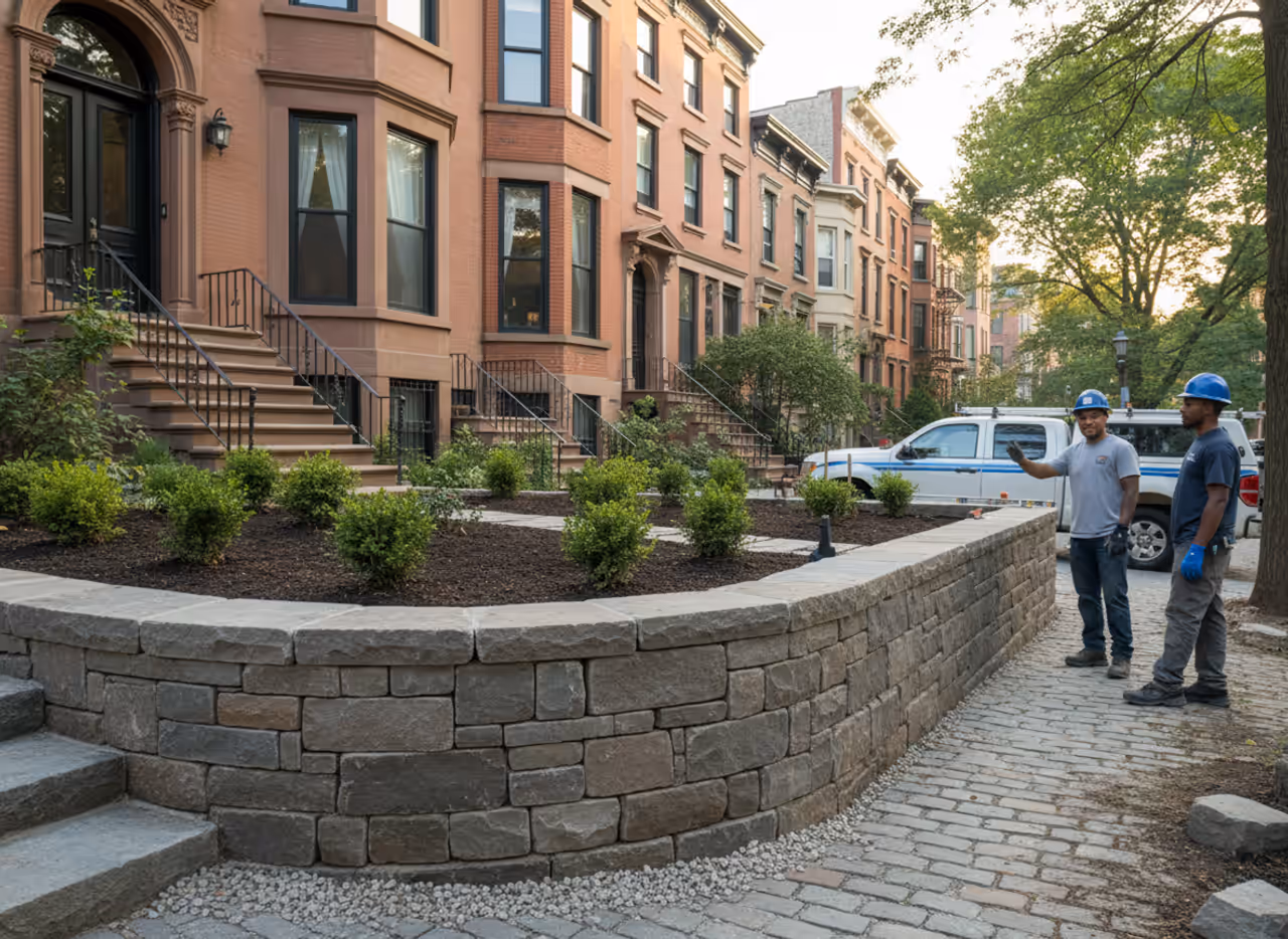 Masons constructing a sturdy stone retaining wall near a Williamsburg home, ensuring proper drainage.