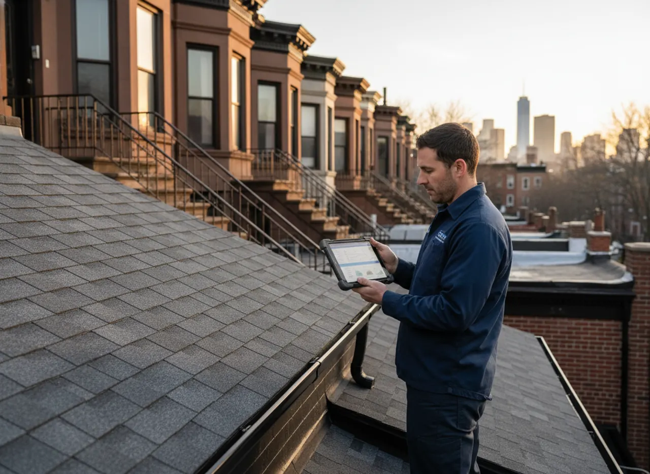 A TipTop Roofing Williamsburg team member reviewing a detailed report on a tablet at a residential property.