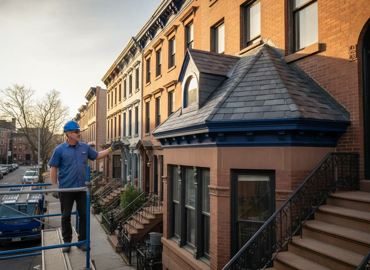 A TipTop Roofing Williamsburg team member on a scaffolding working on a historic Brooklyn brownstone.