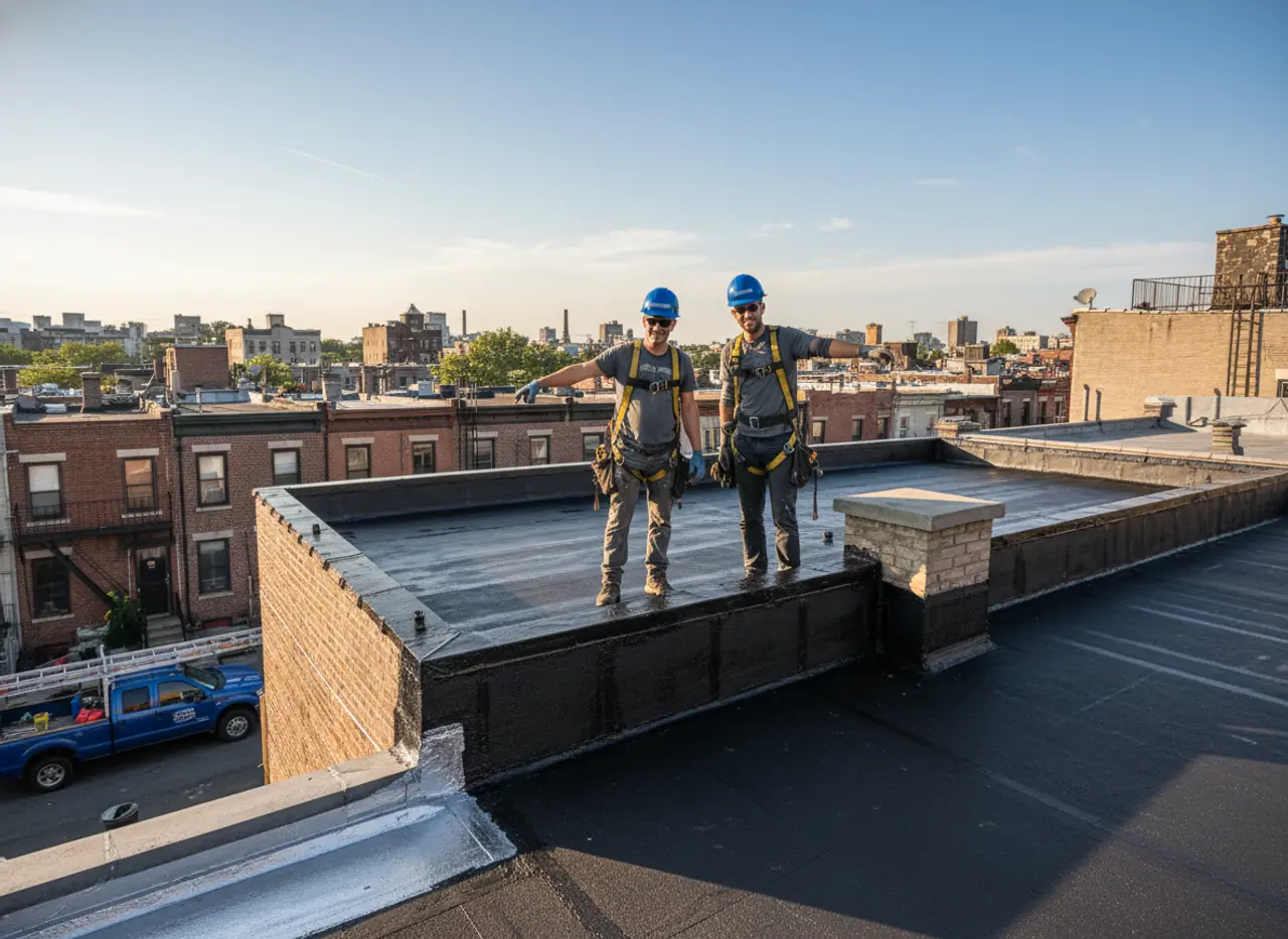 TipTop Roofing team members performing a roof repair on a flat roof in Bushwick, showing local project success