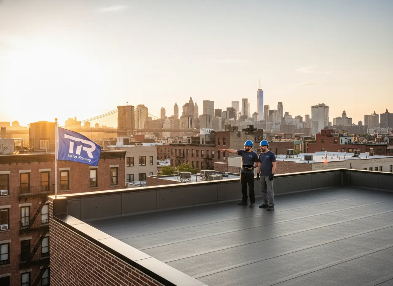 Roofing contractors performing a detailed roof inspection on a commercial building in Brooklyn.
