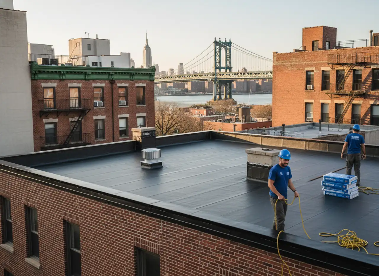 A newly repaired flat roof on a Greenpoint building, showcasing the quality workmanship of...