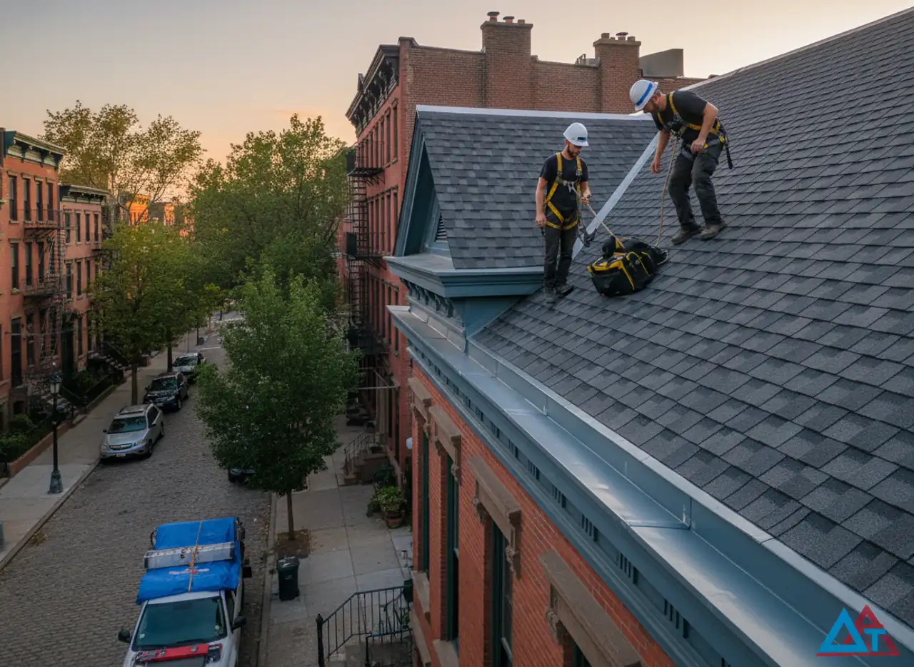 TipTop Roofing crew working safely and efficiently on a Brooklyn roof, demonstrating attention...