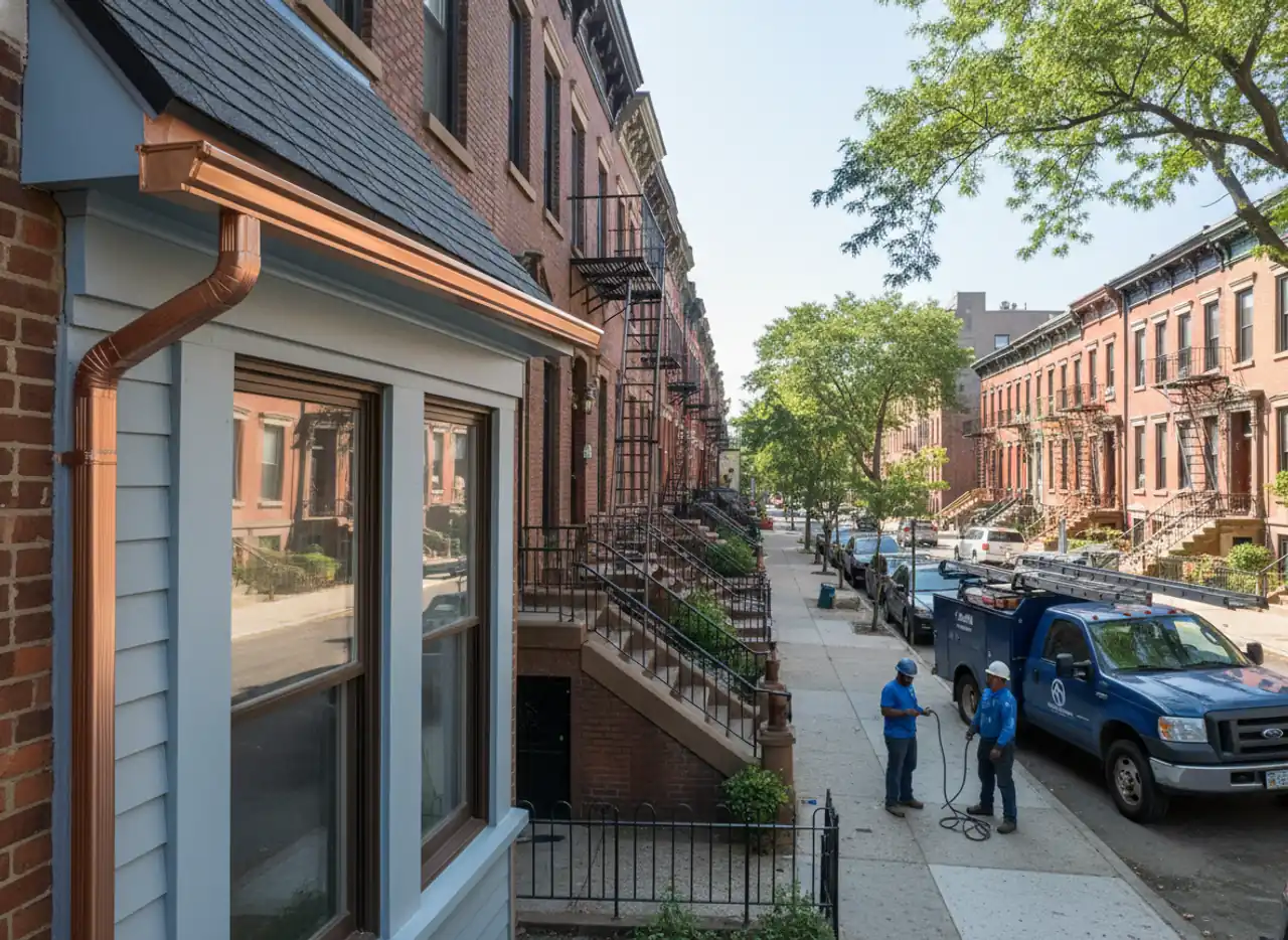 Perfectly installed gutter system on a new Bedford-Stuyvesant home, showing our quality roof...