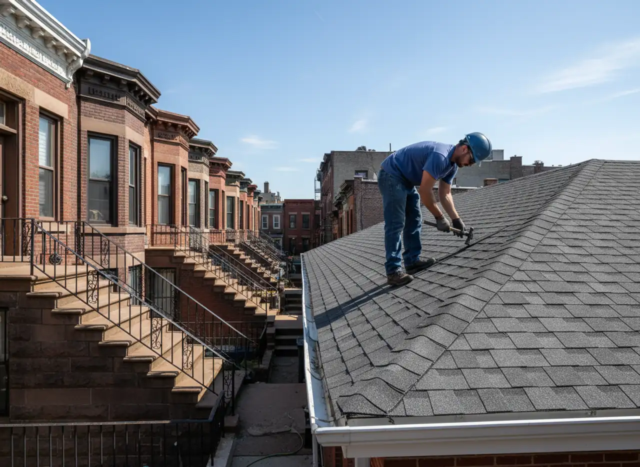 Residential roof installation in Bushwick, showing a worker carefully placing shingles with a...