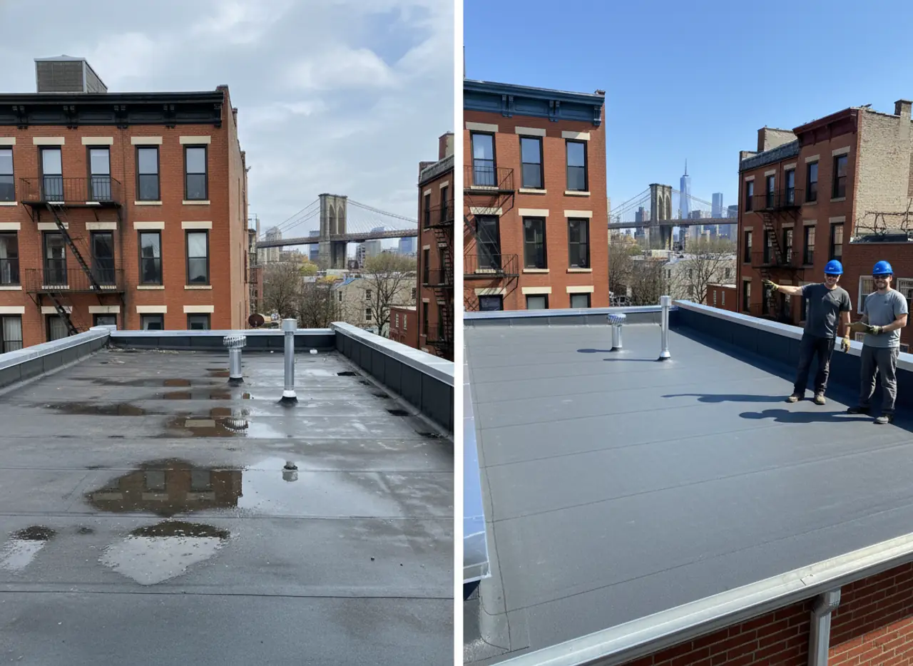 Before and after comparison of a flat roof replacement project completed by TipTop Roofing Williamsburg.