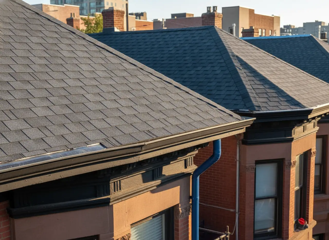 Close-up of newly installed, durable roofing materials after a successful roof repair project in...